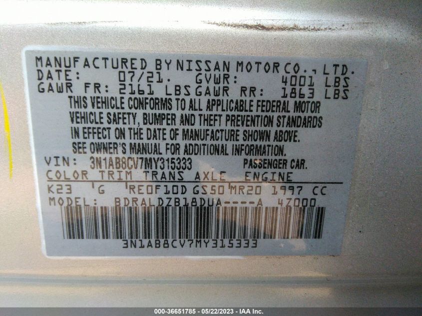 2021 NISSAN SENTRA SV - 3N1AB8CV7MY315333