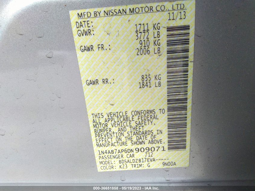 2013 NISSAN SENTRA SV - 1N4AB7AP6DN909071