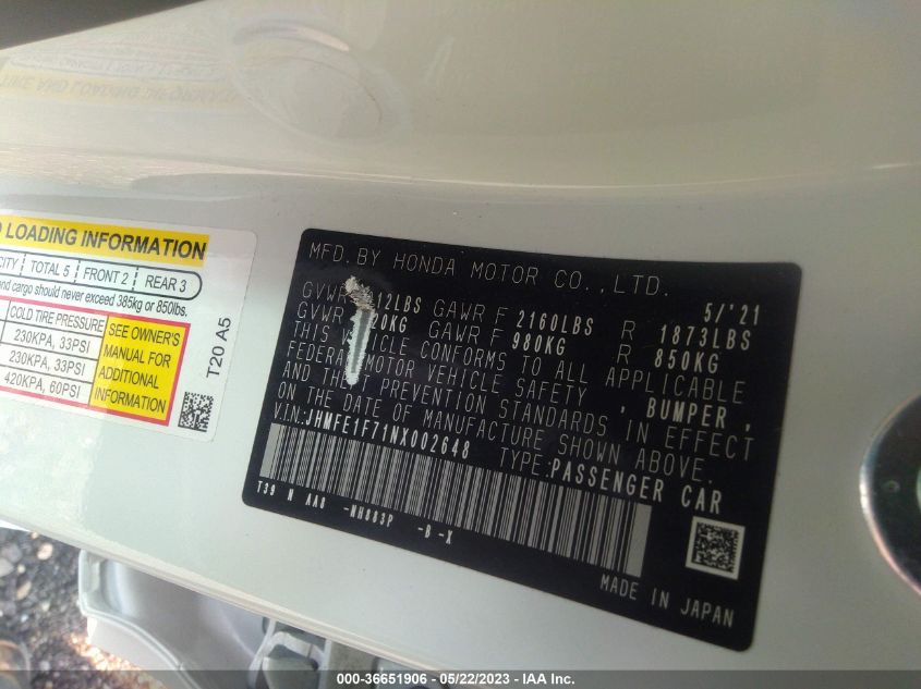 2022 HONDA CIVIC SEDAN EX - JHMFE1F71NX002648