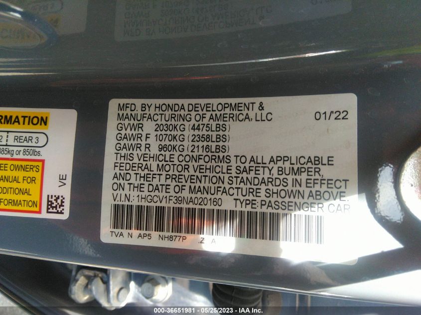 2022 HONDA ACCORD SEDAN SPORT - 1HGCV1F39NA020160