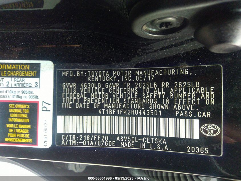 2017 TOYOTA CAMRY XLE/SE/LE/XSE - 4T1BF1FK2HU443501