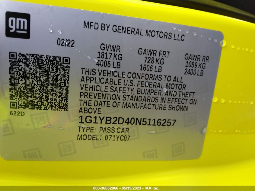 2022 CHEVROLET CORVETTE 2LT - 1G1YB2D40N5116257