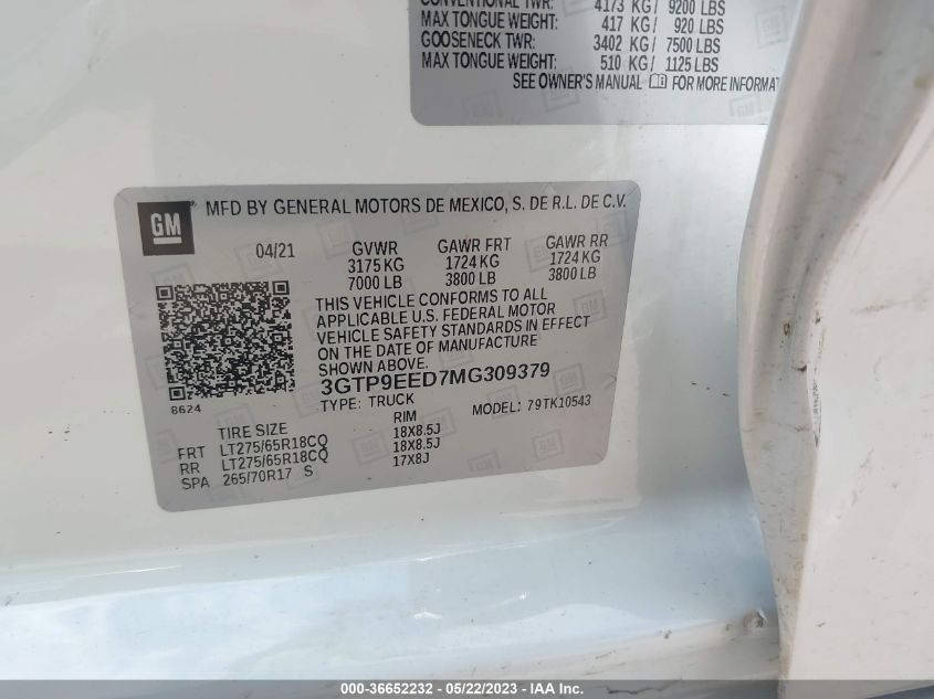 2021 GMC SIERRA 1500 AT4 - 3GTP9EED7MG309379