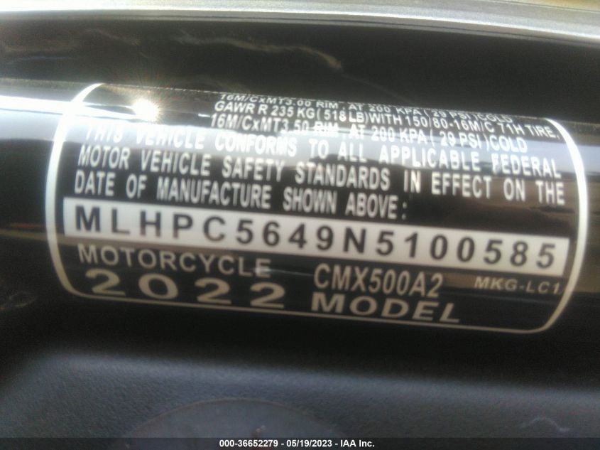 2022 HONDA CMX500 A2 MLHPC5649N5100585