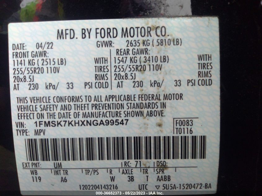 2022 FORD EXPLORER ST-LINE - 1FMSK7KHXNGA99547