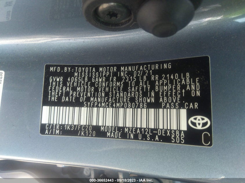 VIN 5YFP4MCE4MP080786 2021 TOYOTA COROLLA SE/APEX SE
