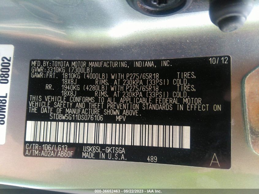 2013 TOYOTA SEQUOIA SR5 - 5TDBW5G11DS076106