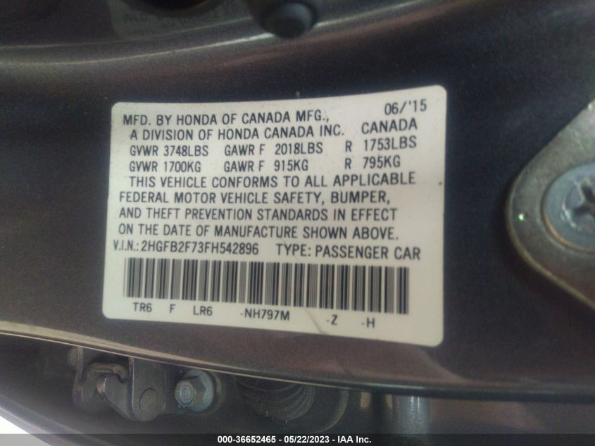 2015 HONDA CIVIC SEDAN SE - 2HGFB2F73FH542896