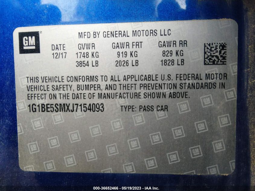 2018 CHEVROLET CRUZE LT - 1G1BE5SMXJ7154093