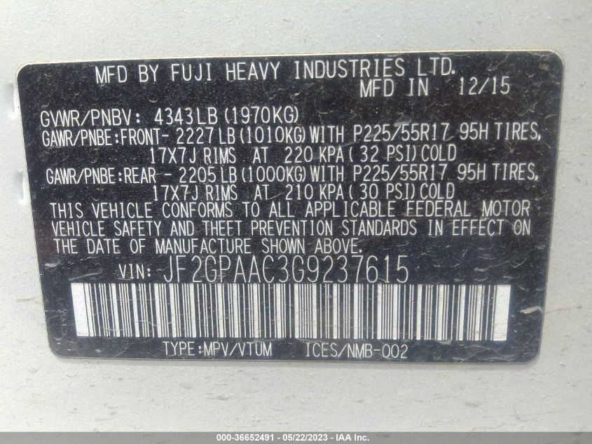 2016 SUBARU CROSSTREK - JF2GPAAC3G9237615