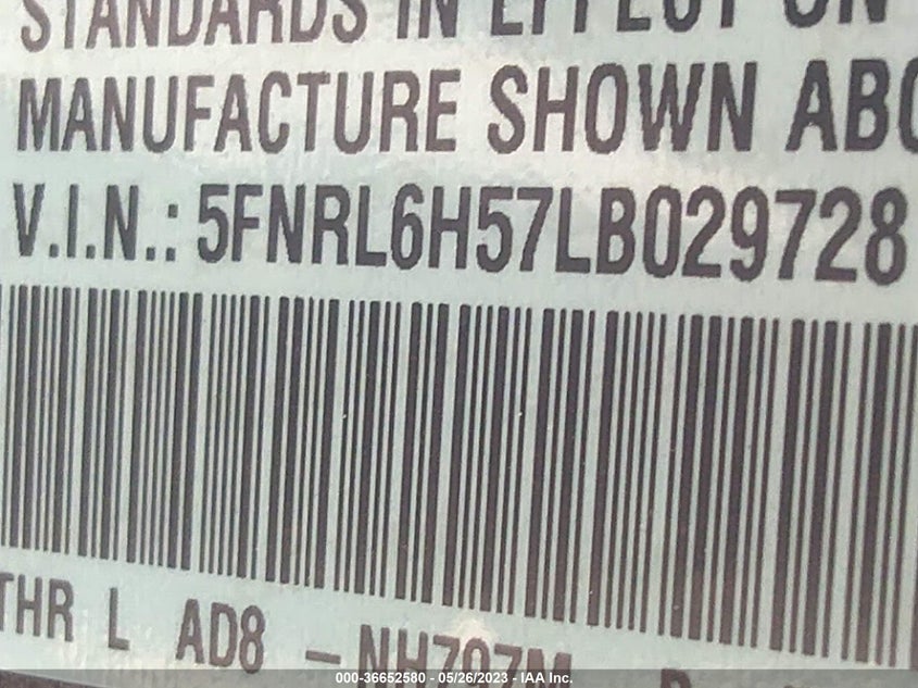 VIN 5FNRL6H57LB029728 2020 HONDA ODYSSEY EX
