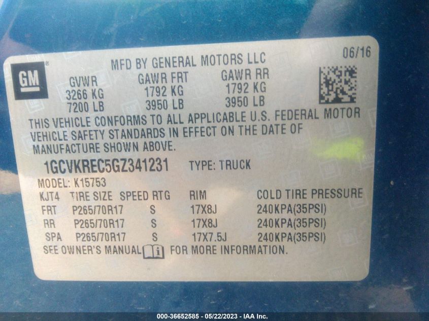 2016 CHEVROLET SILVERADO 1500 LT - 1GCVKREC5GZ341231