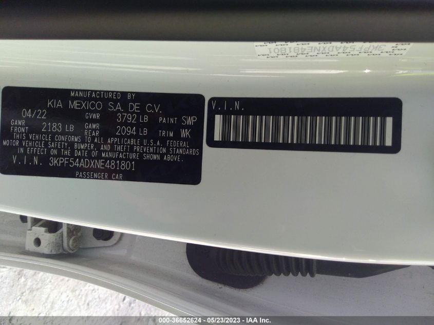 2022 KIA FORTE GT-LINE - 3KPF54ADXNE481801