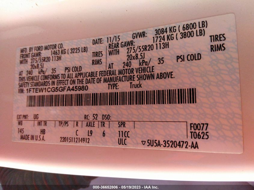 2016 FORD F-150 XL/LARIAT - 1FTEW1CG5GFA45980