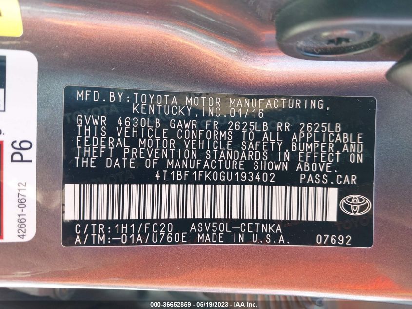 2016 TOYOTA CAMRY XLE/SE/LE/XSE - 4T1BF1FK0GU193402
