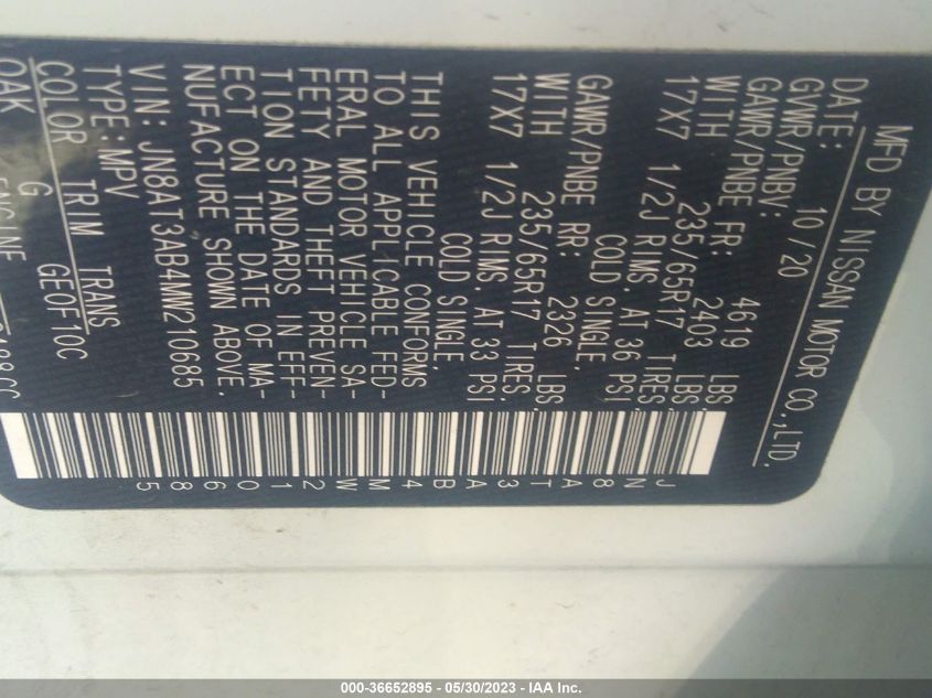 2021 NISSAN ROGUE S - JN8AT3AB4MW210685