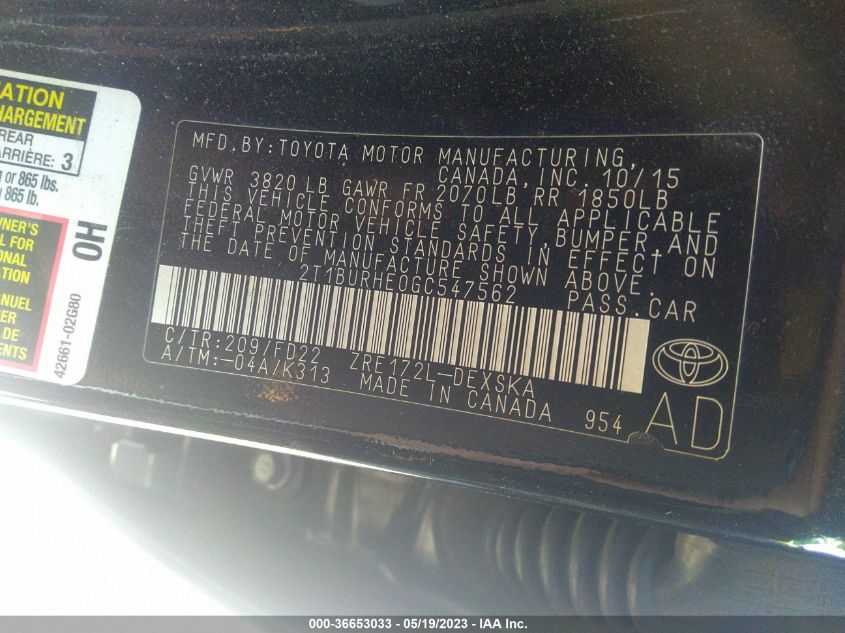 2016 TOYOTA COROLLA L/LE/S/S PLUS/LE PLUS - 2T1BURHE0GC547562
