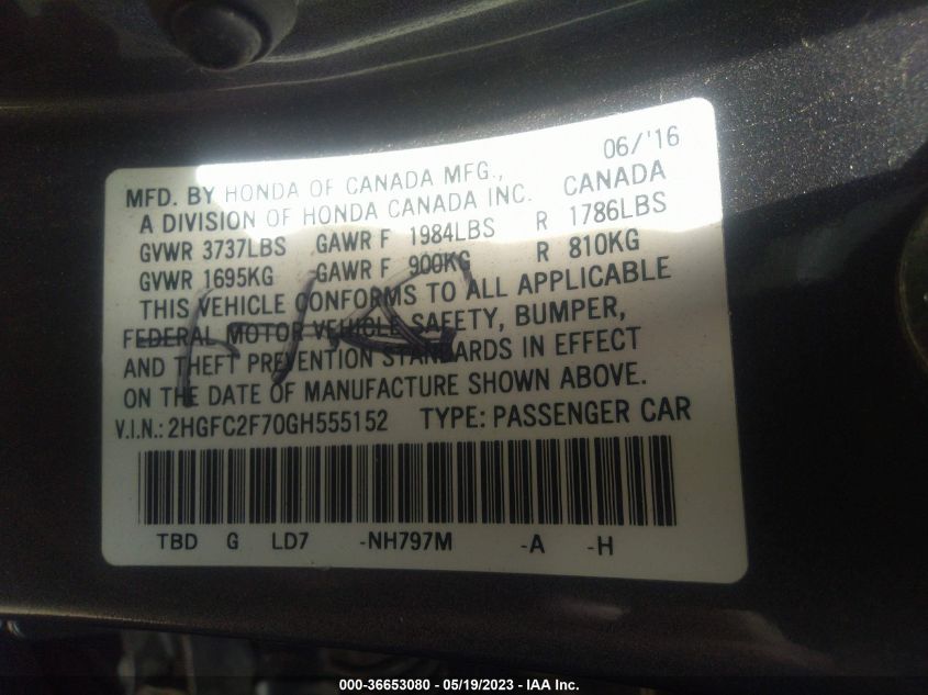 2016 HONDA CIVIC SEDAN EX - 2HGFC2F70GH555152
