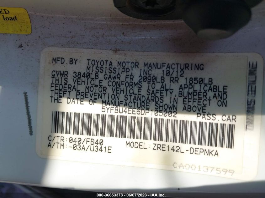 2013 TOYOTA COROLLA L/LE/S - 5YFBU4EE6DP105002