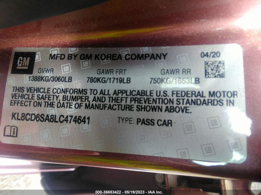 2020 CHEVROLET SPARK LT - KL8CD6SA8LC474641