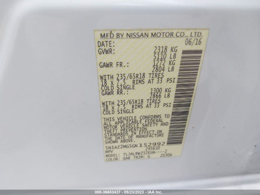 2016 NISSAN MURANO SL - 5N1AZ2MG5GN152992