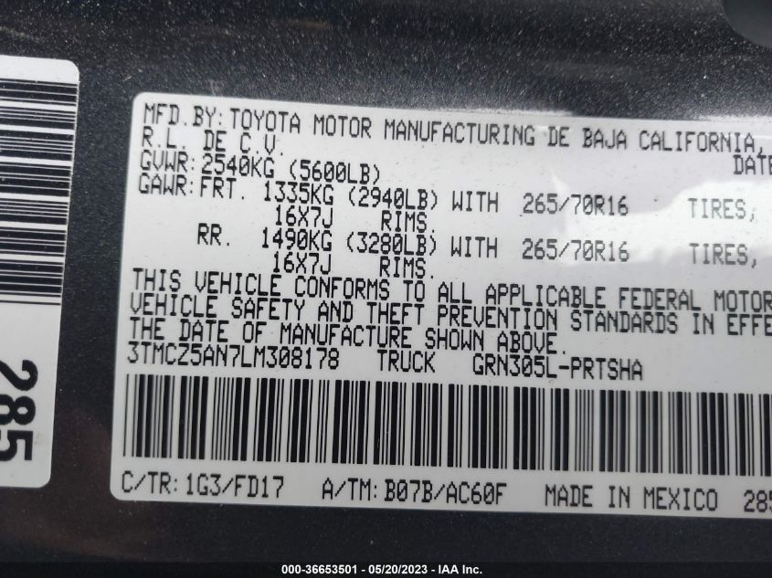 2020 TOYOTA TACOMA 4WD SR5/TRD SPORT - 3TMCZ5AN7LM308178