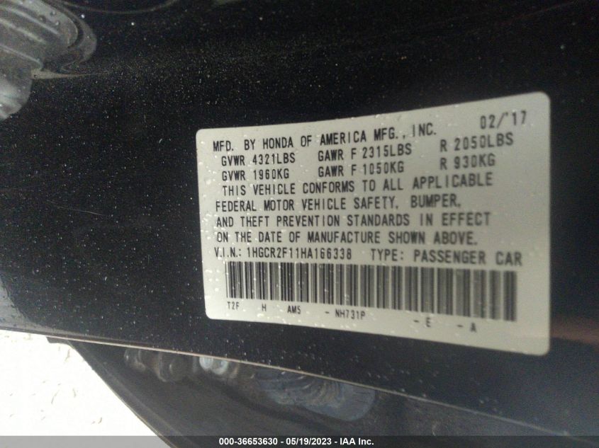 2017 HONDA ACCORD SEDAN SPORT SE - 1HGCR2F11HA166338