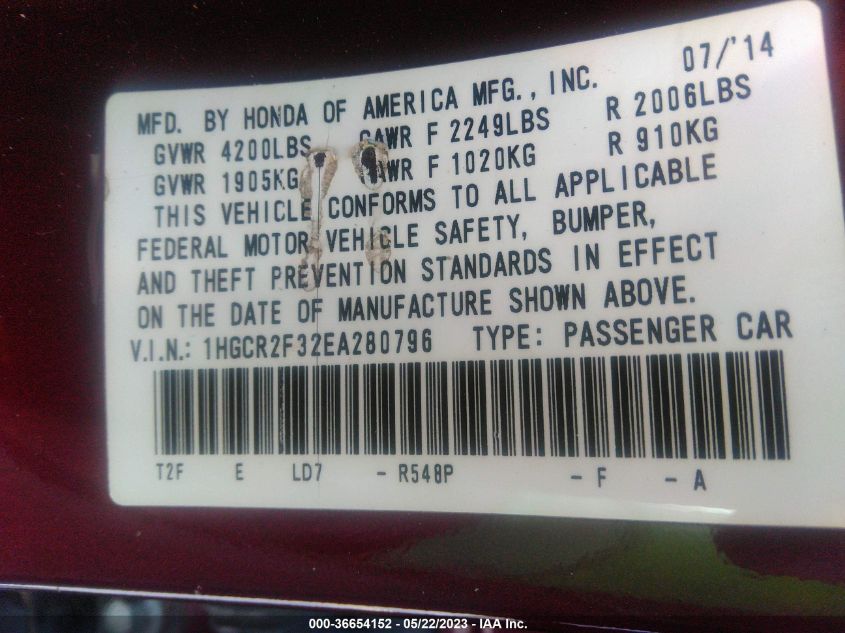 2014 HONDA ACCORD SEDAN LX - 1HGCR2F32EA280796