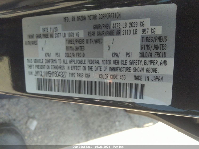VIN JM1GL1VM5M1604327 2021 MAZDA MAZDA6 TOURING