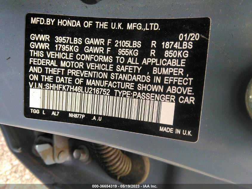 2020 HONDA CIVIC HATCHBACK SPORT - SHHFK7H46LU216752