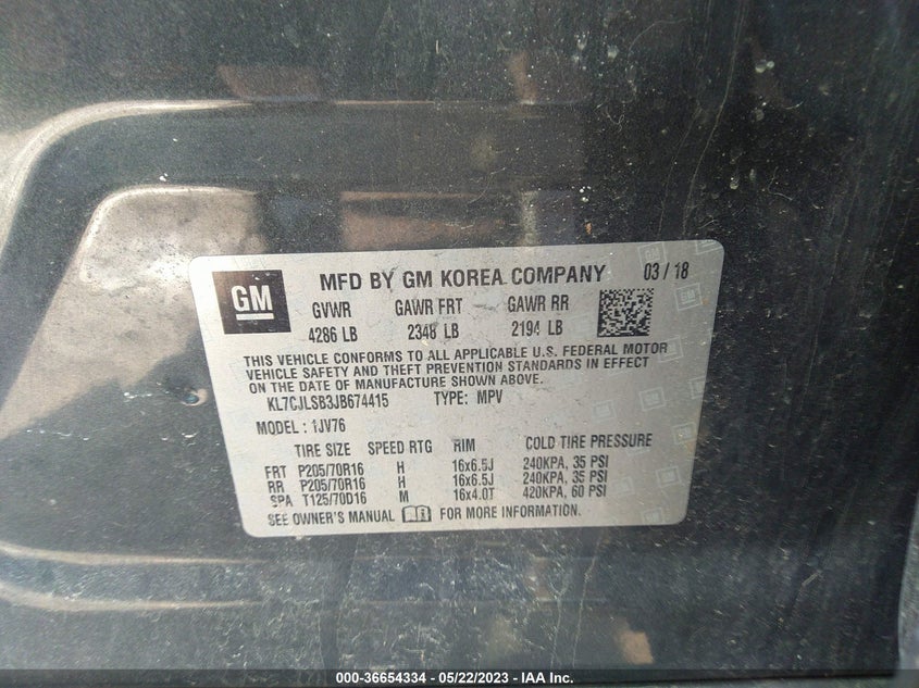 VIN KL7CJLSB3JB674415 2018 CHEVROLET TRAX LT