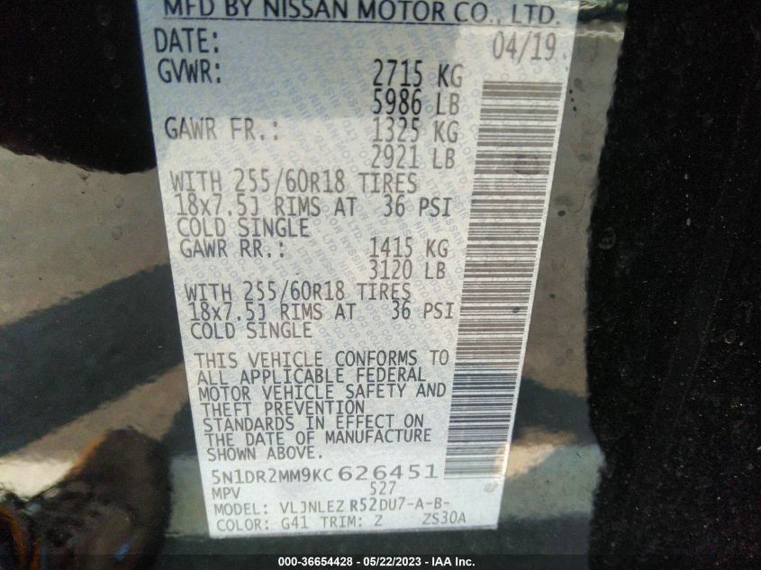 2019 NISSAN PATHFINDER SV - 5N1DR2MM9KC626451