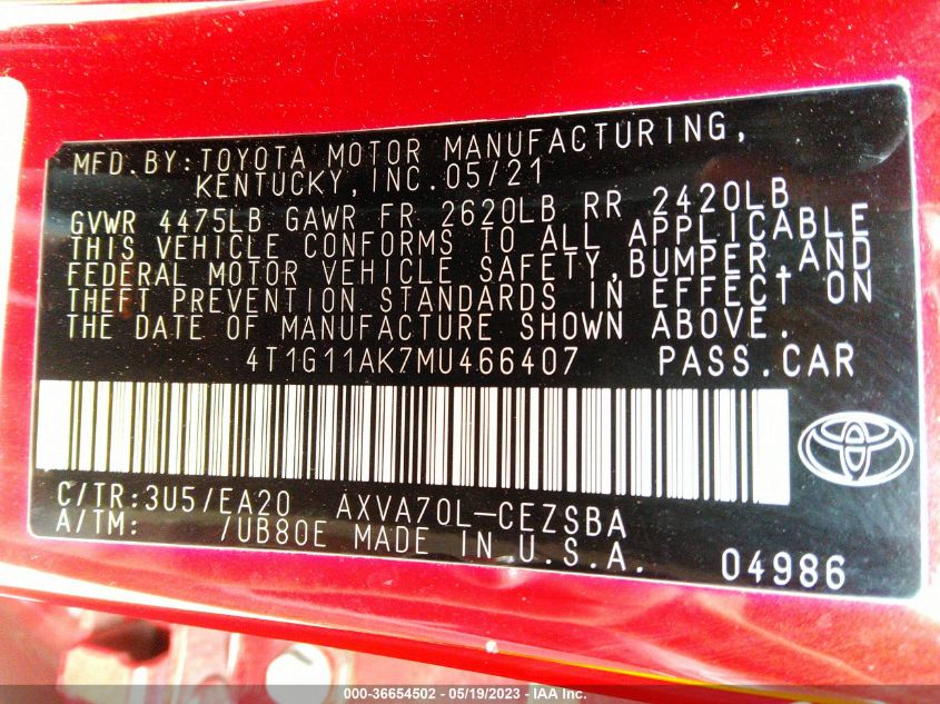 2021 TOYOTA CAMRY SE - 4T1G11AK7MU466407