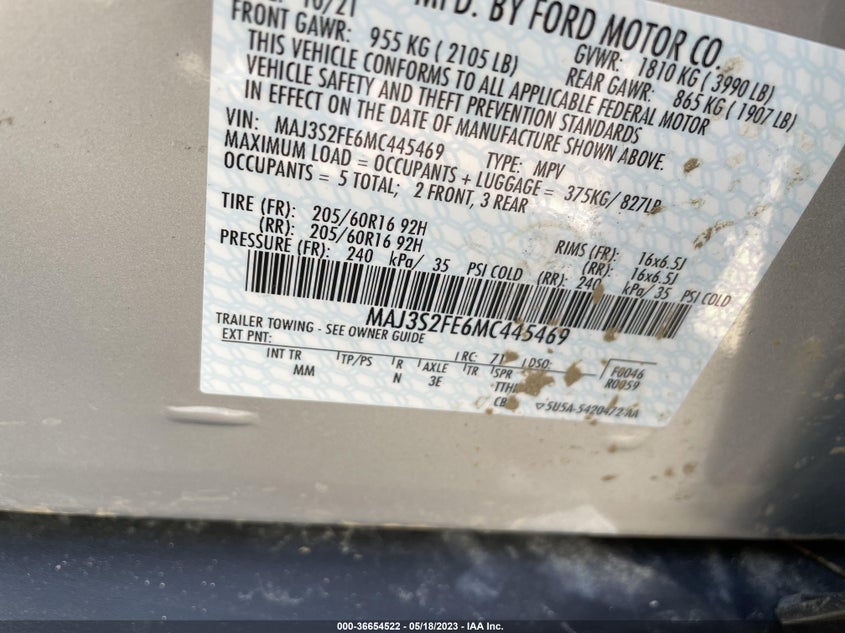 VIN MAJ3S2FE6MC445469 2021 FORD ECOSPORT S