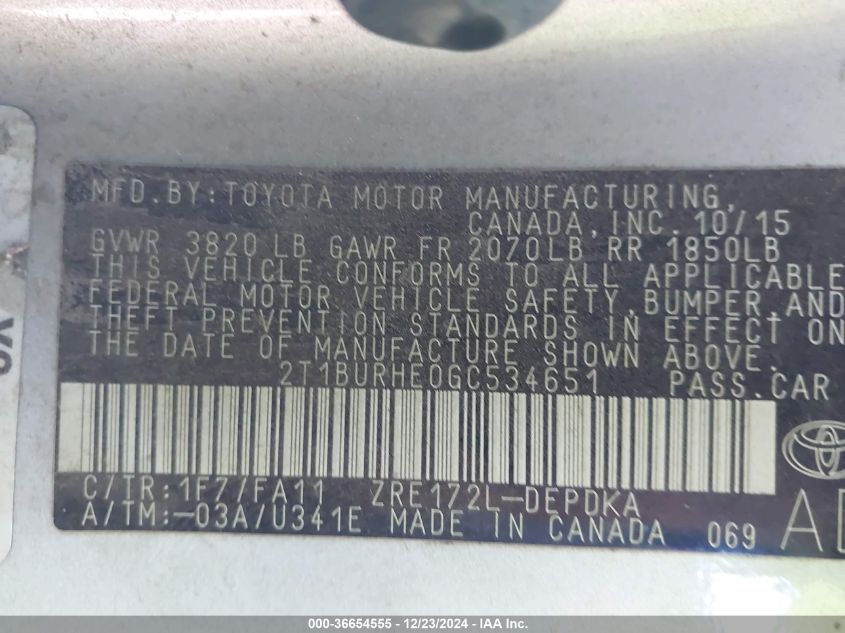 2016 TOYOTA COROLLA L 2T1BURHE0GC534651