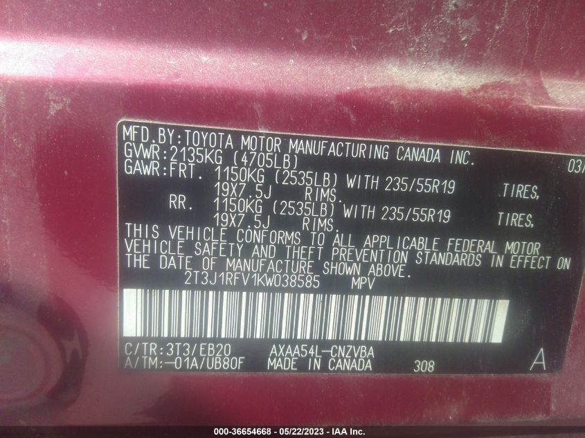 2019 TOYOTA RAV4 ADVENTURE - 2T3J1RFV1KW038585