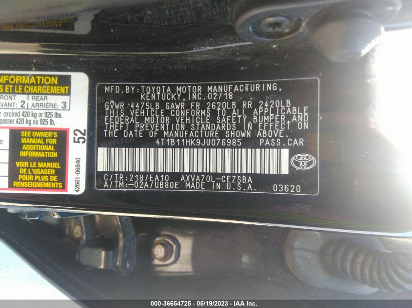 2018 TOYOTA CAMRY LE/SE/XLE/L - 4T1B11HK9JU076985