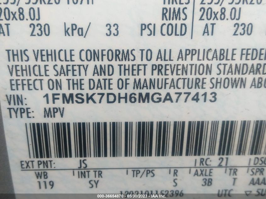 2021 FORD EXPLORER XLT - 1FMSK7DH6MGA77413