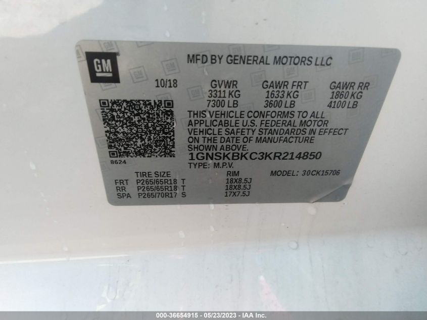 2019 CHEVROLET TAHOE LT - 1GNSKBKC3KR214850