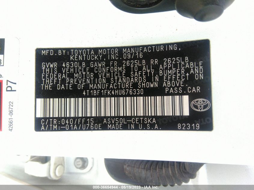 2017 TOYOTA CAMRY XLE/SE/LE/XSE - 4T1BF1FK4HU676330