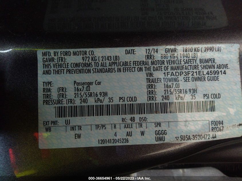 2014 FORD FOCUS SE - 1FADP3F21EL459914