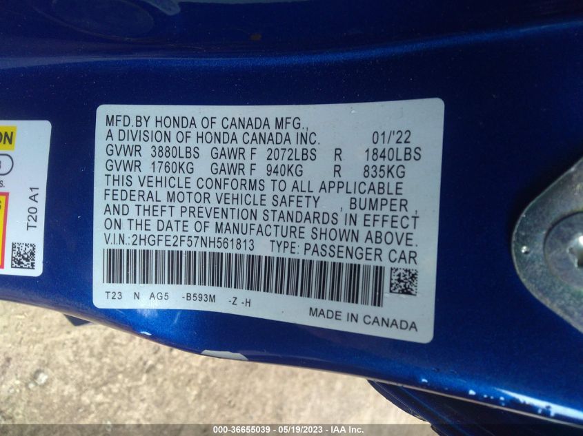 2022 HONDA CIVIC SEDAN SPORT - 2HGFE2F57NH561813