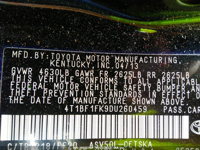2013 TOYOTA CAMRY L/LE/SE/XLE - 4T1BF1FK9DU260459