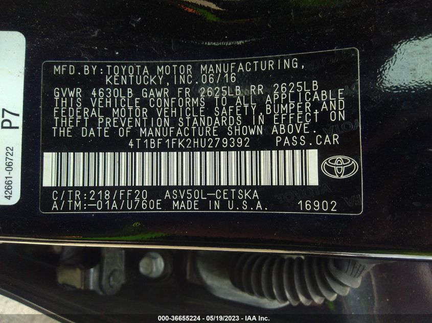 2017 TOYOTA CAMRY XLE/SE/LE/XSE - 4T1BF1FK2HU279392