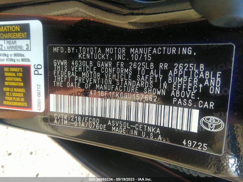 2016 TOYOTA CAMRY XLE/SE/LE/XSE - 4T1BF1FK0GU157662