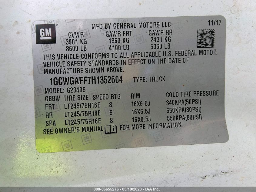 2017 CHEVROLET EXPRESS CARGO VAN - 1GCWGAFF7H1352604