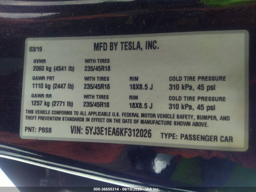 2019 TESLA MODEL 3 RANGE - 5YJ3E1EA6KF312026