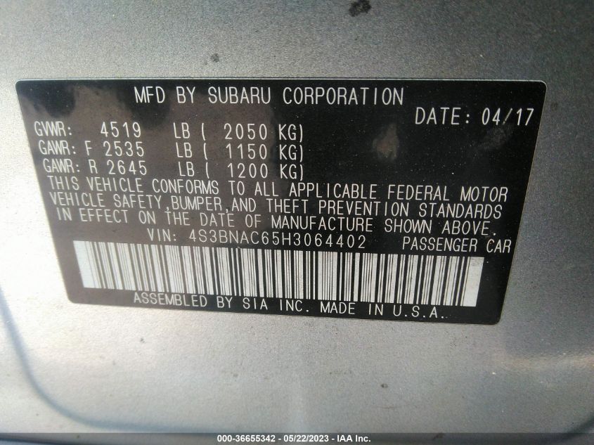2017 SUBARU LEGACY PREMIUM - 4S3BNAC65H3064402