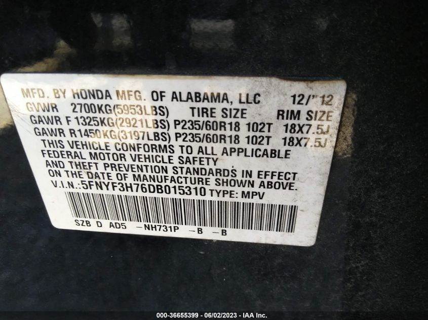 2013 HONDA PILOT EX-L - 5FNYF3H76DB015310
