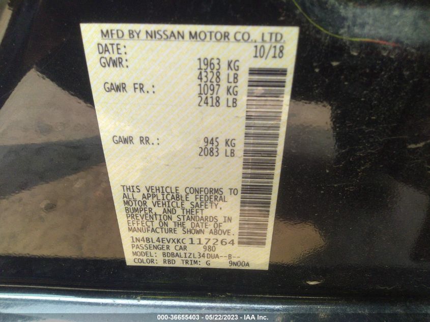 2019 NISSAN ALTIMA 2.5 SL - 1N4BL4EVXKC117264